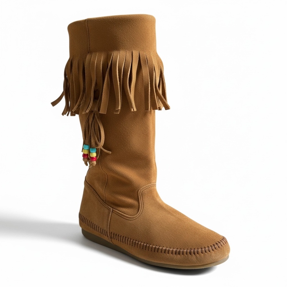 Route 66 Suede Fringe Moccasin-Style Slouch Boots Boho Festival Tan Beaded 9 - Picture 2 of 8